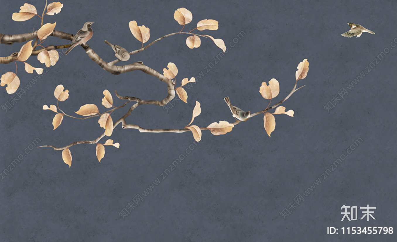 新中式禅意花鸟壁画贴图下载【ID:1153455798】