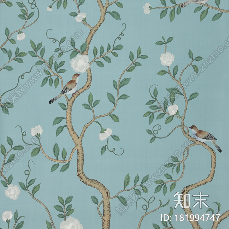 degournay-蓝色花鸟壁纸贴图下载【ID:181994747】